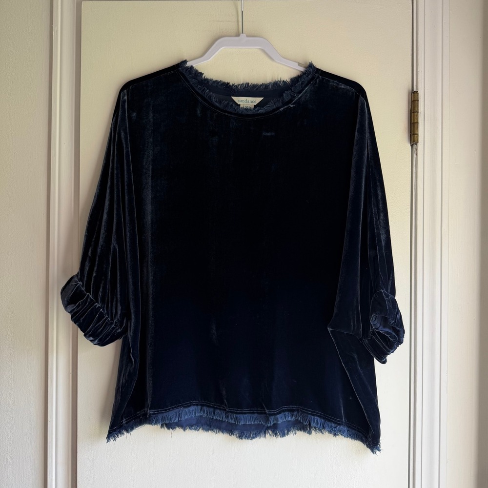 Sundance Navy Blue Silk Blend Velvet Fringed Dolman Top PS Womens